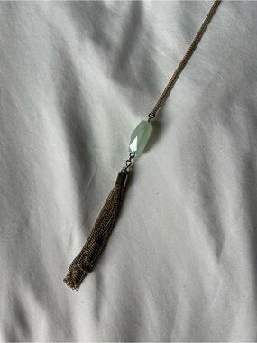 Gold Tassel Necklace with Aqua Light Green Stone Bead